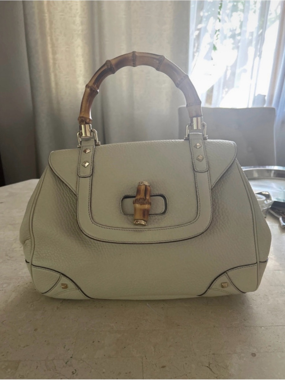 Gucci Cream Leather Satchel with Bamboo Top Handle